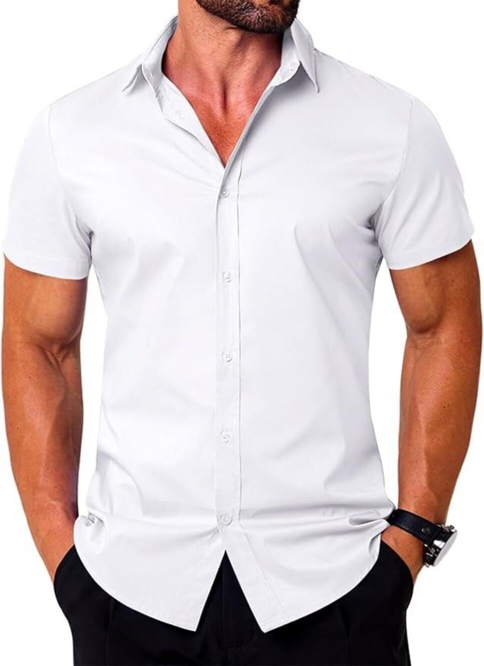 NEW LETSEE Men's Large White Business Casual Shirts Short Sleeve Cotton Blend